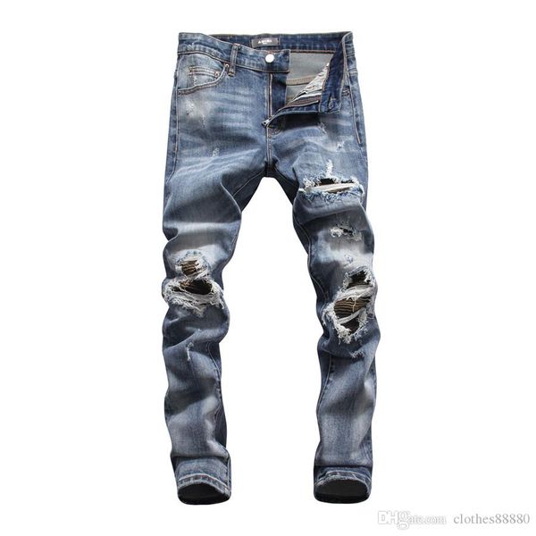

2020 совершенно новые мужские джинсы проблемные рваные байкерские джинсы slim fit мотоцикл байкер джинсовые джинсы мотоцикл мужская хип хоп, Blue