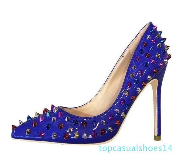 

come with logo and box red bottoms high heel gold blue rivets spike high heels designer pumps dress shoes size 35 to 42 01 14t, Black