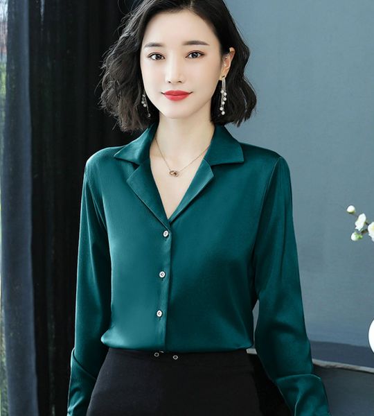 

2020 vintage silk satin blazer neck shirt women fashion long sleeve runway printed ladies button blouses elegant office designer shirts, White