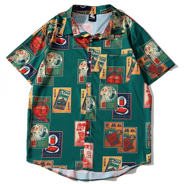 

new male japan korea streetwear loose shirts men summer plant print short sleeve casual beach shirts, White;black