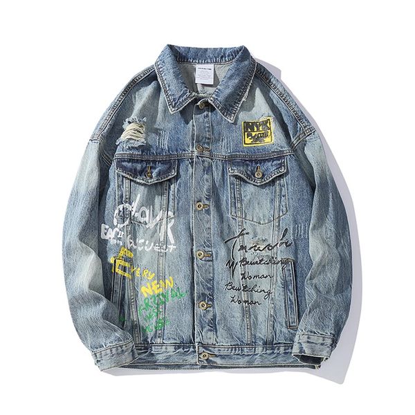 

graffiti letter print blue mens jeans jacket high street harajuku chaqueta hombre windbreaker denim coat jeans bomber jacket, Black;brown