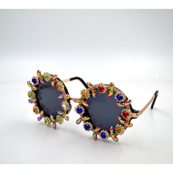 

wholesale-new fashion classic retro round rhinestone flower sunglasseswomen brand designer handmade summer luxury crystal ladies sunglasses, White;black