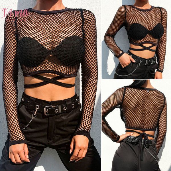 

short women hollow out fishnet mesh sheer crop long sleeve bodycon see through transparent shirt blouse tee clubwear, White