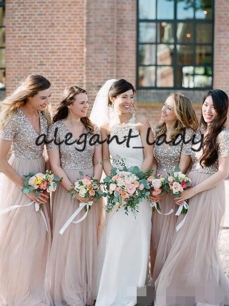 

champagne gold bridesmaid dresses short sleeves sparkly sequins tulle a line floor length v neck maid of honor gown for country wedding, White;pink