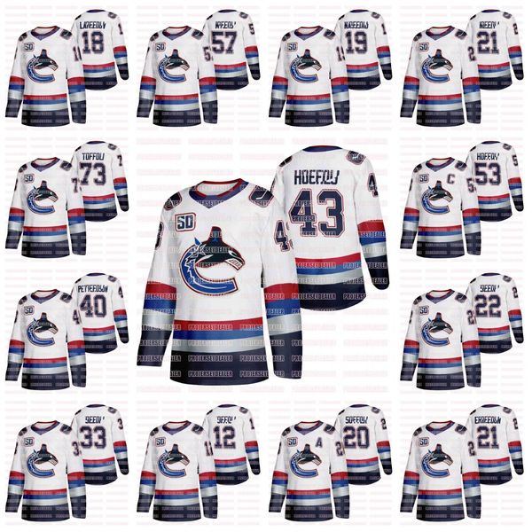 

womens bo horvat captain vancouver canucks 50th vintage quinn hughes brock boeser elias pettersson tyler toffoli daniel henrik sedin jersey, Black;red