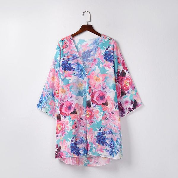 

women's blouses & shirts summer plus size women blouse beach elegant lady tunic casual loose print floral long sleeve cardigan 2021, White