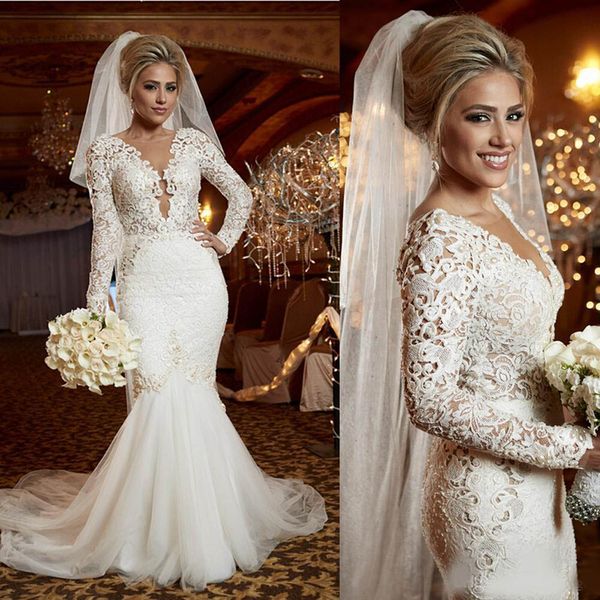 

2020 wedding dresses mermaid style lace luxury pearls trumpet wedding gowns garden bridal gown long sleeves deep v neck inspired arabic, White