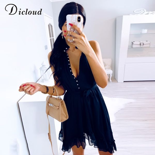 

dicloud women summer black dress with waist tie high neck button sundress elegant loose ruffle mini party dresses 2020 ladies, Black;gray