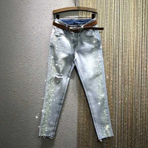 

ripped jeans for women 2020 spring new high waist stretch side drilling denim pencil pants female skinny jeans trousers, Blue