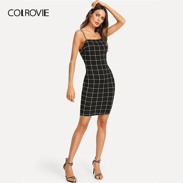 

colrovie black and white grid plaid cami bodycon elegant short dress women 2019 summer sleeveless slim fit office ladies dresses, Black;gray