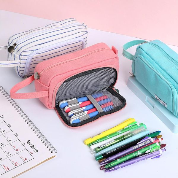 

stripe pencil case solid color school supplies trousse scolaire stylo double layer estuches kawaii kalem kutusu astuccio scuola