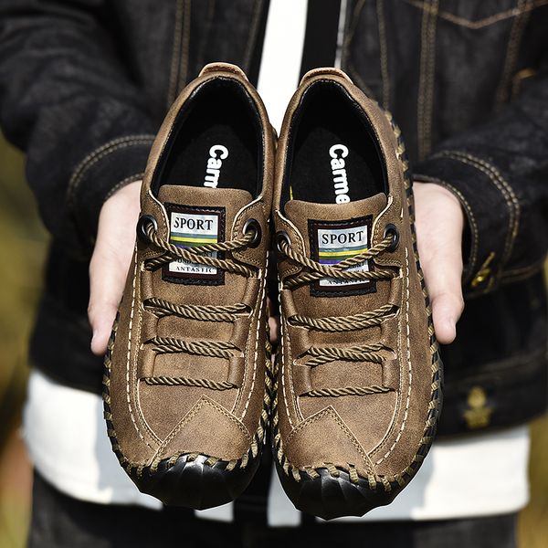 

big size 2020 spring genuine leather men's shoes lace-up man outdoor casual shoes thick bottom stitch non-slip male shoes t200610, Black