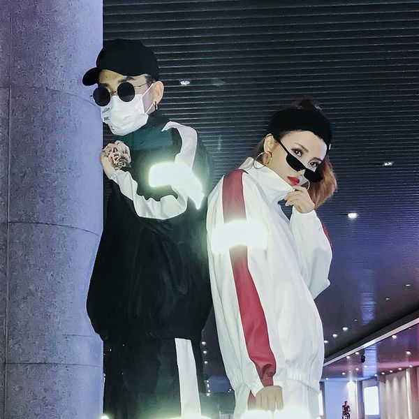 

men's jackets hip hop jacket men noctilucous colorblock fashion women windbreaker sweetwear loose pattern turn-down collar lightweiht, Black;brown