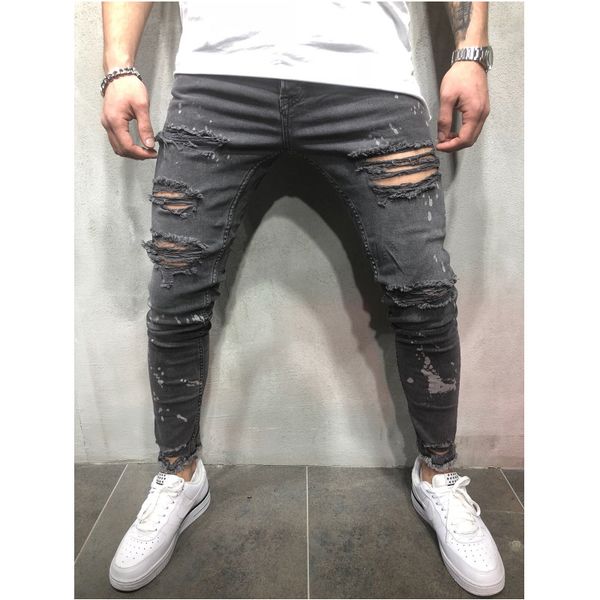 

cyxzftrofl 2019 men stretchy ripped skinny biker hole fold print jeans destroyed hole slim fit denim scratched jean, Blue