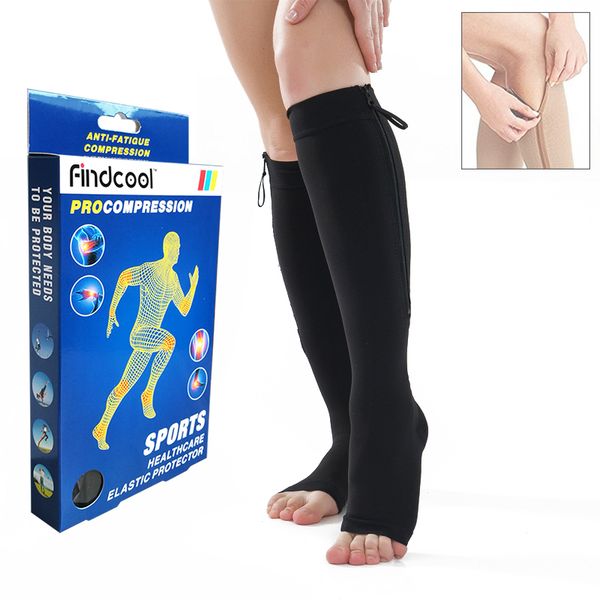 

findcool zipper compression socks open toe 23-30mmhg for outdoor sport cycling yoga leg support, Black