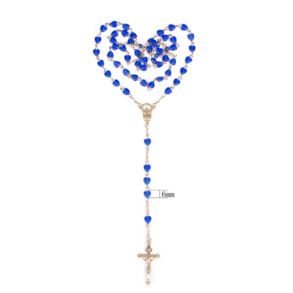 

blue love rosary necklace jesus christ cross pendant necklaces alloy bead long chain mens women virgin mary christian, Silver