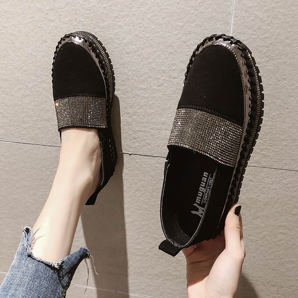 

winter shoes women loafers with fur shallow mouth slip-on crystal clogs platform round toe casual female sneakers flats autumn, Black
