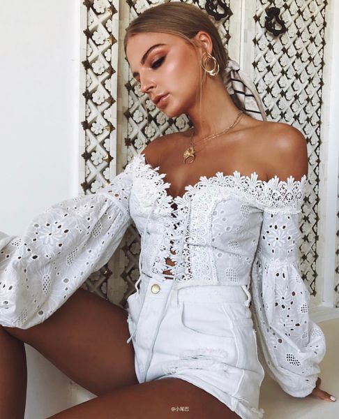 

2019 new arrival boho summer crop womens and blouses puff sleeve off shoulder lace up beach shirt, White