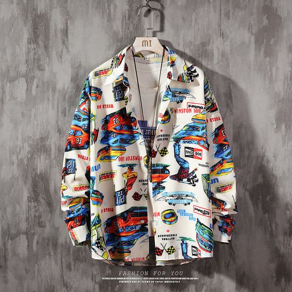 

men 's loose plaid shirt jacket shirt pets print long sleeve cat & dog & car, White;black