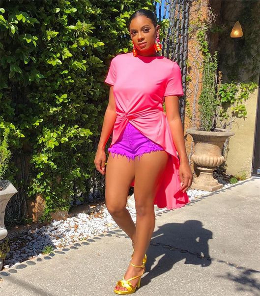 

Female Irregular Split Long Blouse Fashion Designer Pink Color Tshirts With Ruched Sexy Female Crew Neck Clothing