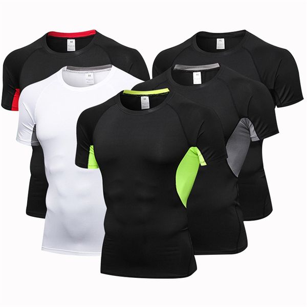 

quick dry compression men's short sleeve t-shirts running shirt fitness tight tennis soccer jersey gym demix sportswear, Black;blue