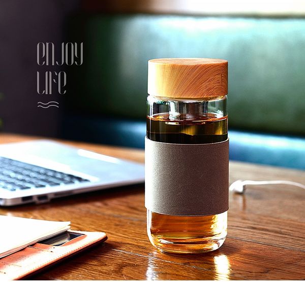 

350ml glass water bottles heat resistant round office car cup with stainless steel tea infuser strainer tumbler new arrival