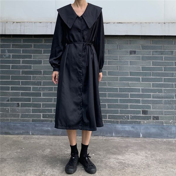 

ewq] 2020 spring autumn new full sleeve turn-down collar high waist lace up plus size dress korean loose long women dress qz344, Black;gray