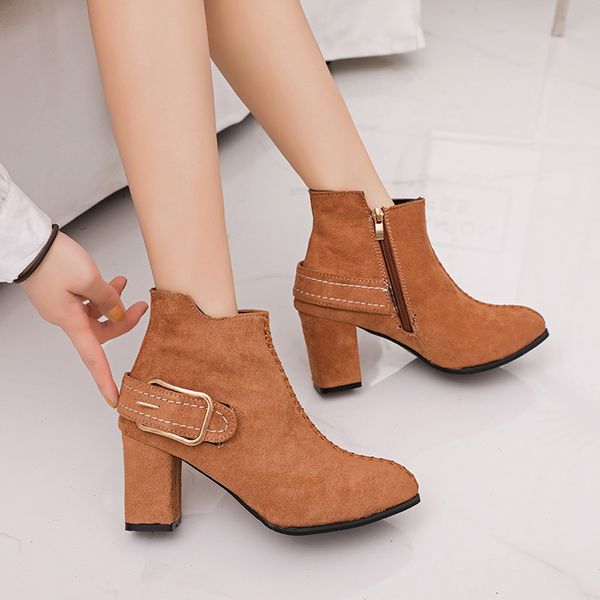 

women high heel shoes martain boot suede solid color round toe zipper shoes square high heel winter thigh boots, Black