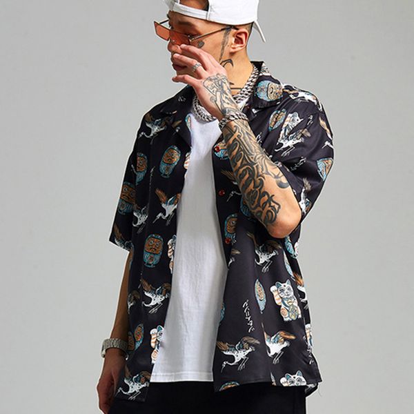 

printed summer men beach shirt fashion short sleeve floral loose casual shirt hawaii new street wear youth, White;black