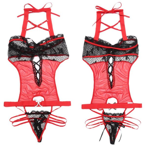 

women halter neck sleeveless patchwork above knee, mini backless hollow lingerie summer onesies, Black;red