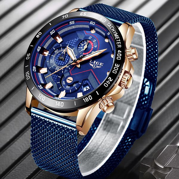 

lige brand men's fashion watches men sport waterproof stainless steel mesh belt quartz clock wristwatches relogio masculino, Slivery;brown