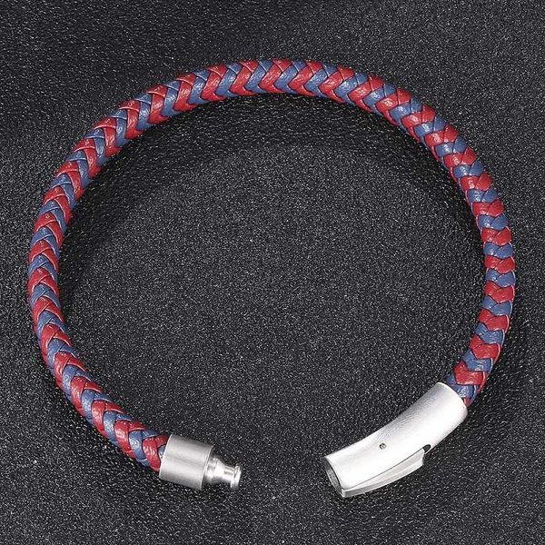 

fashion red blue leather mix braided bracelet jewelry stainless steel snaps weave bangles men wrist band gifts, Golden;silver