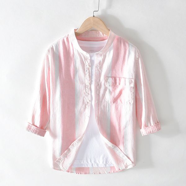 

мужчины весна лето япония стиль стенд воротник три четверти рукава однобортный карманы рубашка мужской полуофициальный хлопок белье топ, White;black