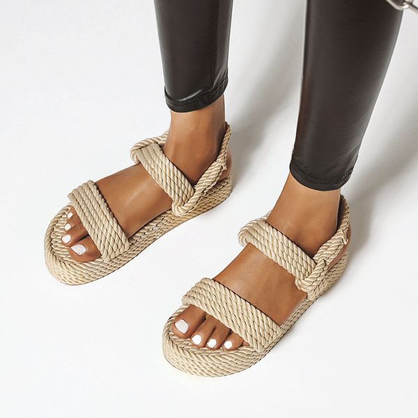 

a-buybea beach sandals for women rope ladies sandals weave fisherman shoes woman flat platform women shoes, Black
