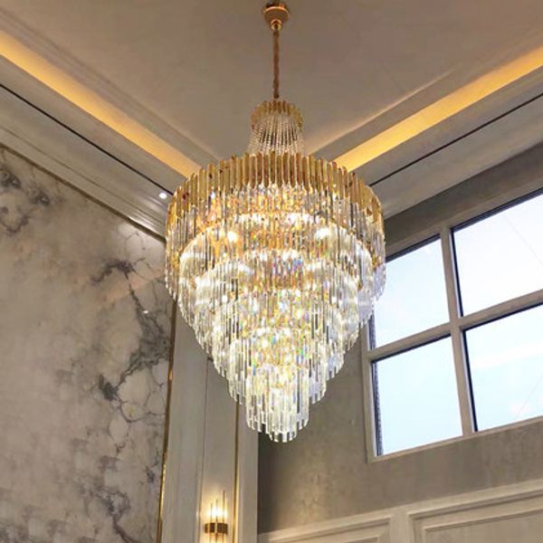 Lustre de cristal moderno americano liderado k9 lustres de cristal luzes hotel hotel grande escada de forma lâmpada pendente lâmpada casa iluminação interna