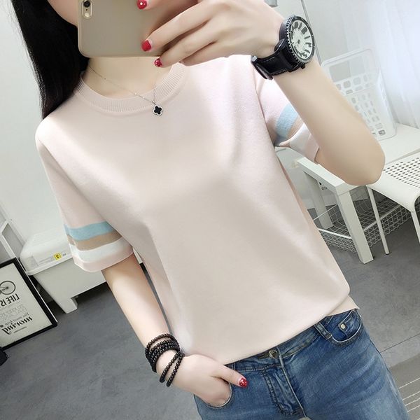 

ice silk short-sleeved female student loose 2020 women's round t-shirt t-shirt collar thin striped sweater, White