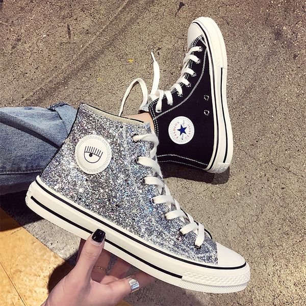 

women fashion lady woman canvas lace up plimsolls zapatillas walking mujer casual sequin tenis sequins shoes, Black