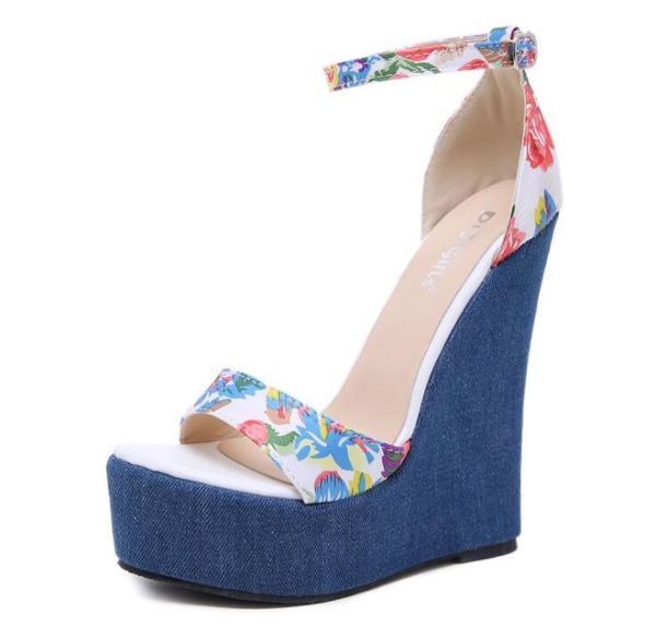 

new designer flower print denim sandals roman sandals super summer wedges high heels peep-toe platform shoes woman adf-0144, Black