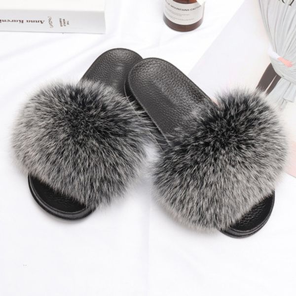 

handmade fur slides womens summer fox fur slipper mix color fox fur slipper, Black