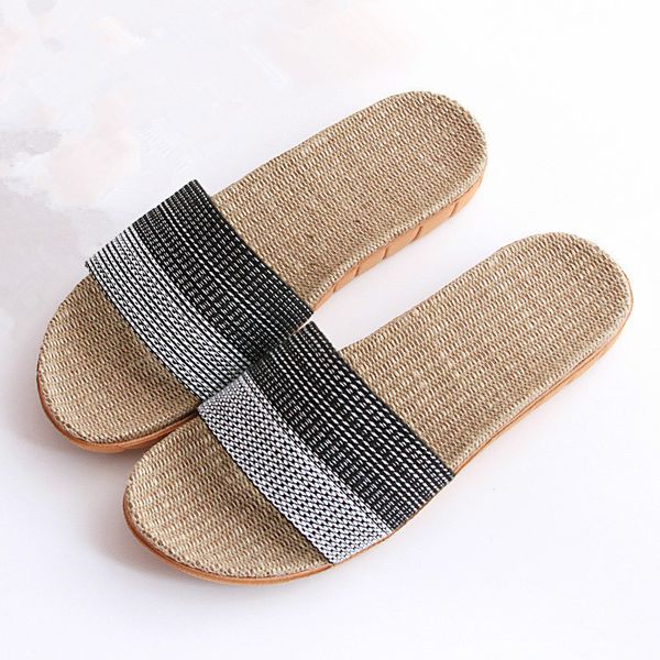 

suihyung plus size 40-45 flax slippers non-slip beach flip flops breathable linen slides men sandals home slippers summer shoes, Black