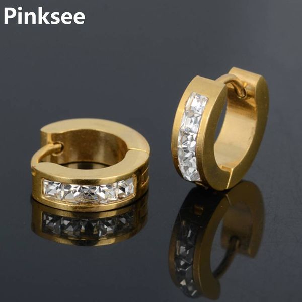 

men round circle crystal small hoop earrings 316l stainless steel earrings huggie jewelry gold/silver/black color, Golden;silver
