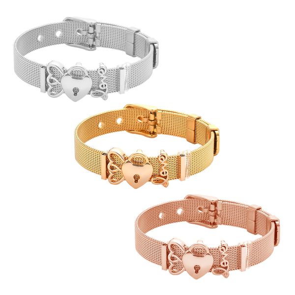 

Simple Couple Heart Charm Bracelet Stainless Steel Mesh Belt Bracelet Adjustable Wrist Band Cuff Bangle DIY Jewelry for Women