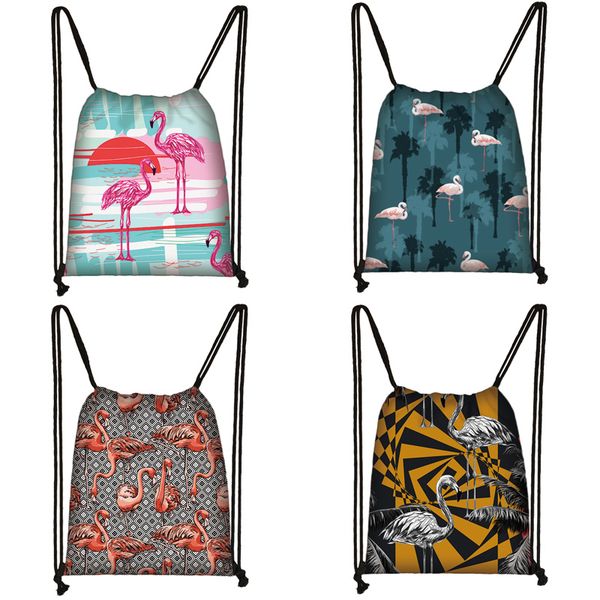 

мультфильм фламинго печати drawstring сумка женщины дорожная сумка подросток школа коричневый девушка и мальчик рюкзак мода сумки для хранен