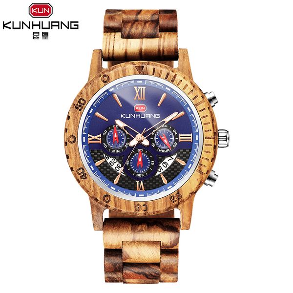 

wooden watch men's fashion wooden clocks chronograph quartz watch gift box three eyes six hands multifunction, Slivery;brown