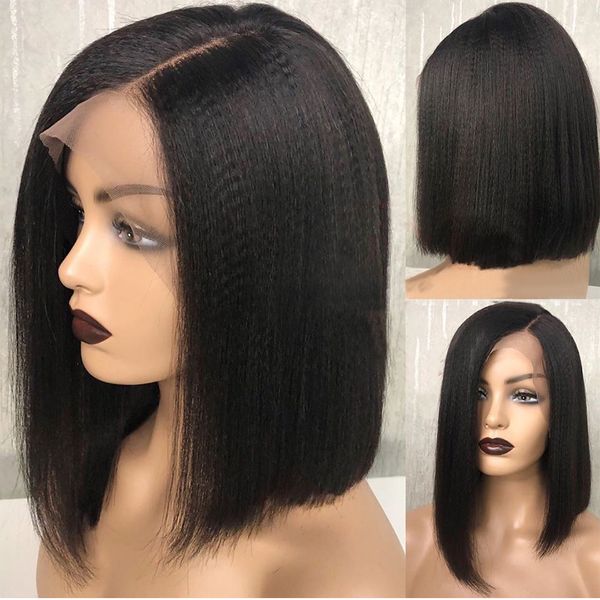 

kinky straight 13x4 lace front human hair wigs for women 130 & 150 density yaki remy malaysian short bob wig enough full plucked, Black;brown