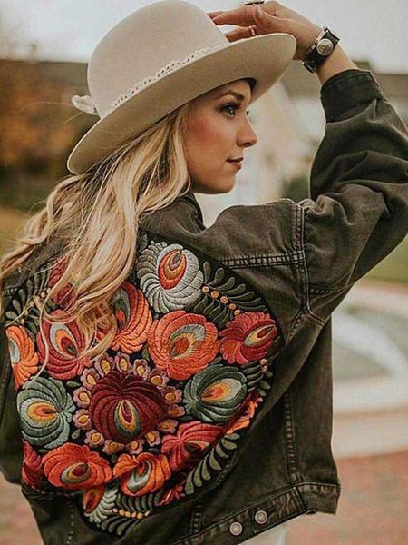 

kiyumi denim jacket coat women oversized floral embroidery jackets long sleeve loose casual 2019 autumn turn-down collar jackets, Black;brown
