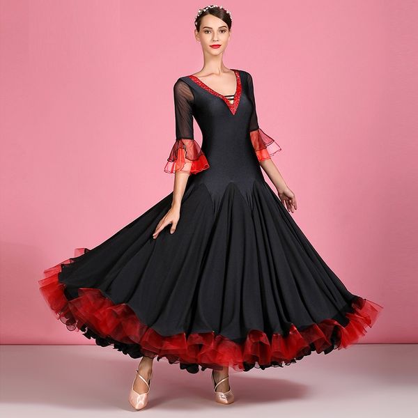 

black ballroom dress women tango dance costumes spanish dance dress flamenco women fringe short sleeves v-neck, Black;red