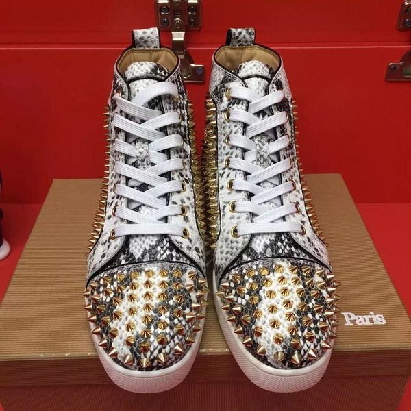 

2019 new luxury gold spikes red bottom sneakers shoes casual walking famous python leather leisure flats with box cs01, Black