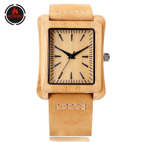 

redfire rectangle bamboo wood watch men quartz genuine leather wooden timepiece mens wristwatch reloj masculino, Slivery;brown