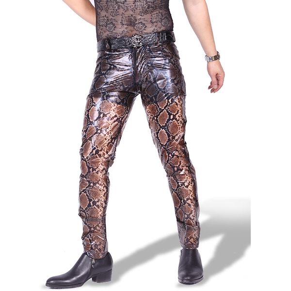 

men snake print faux leather pants fashion pvc see through glossy stage long trousers gay nightclub wear plus size, Black